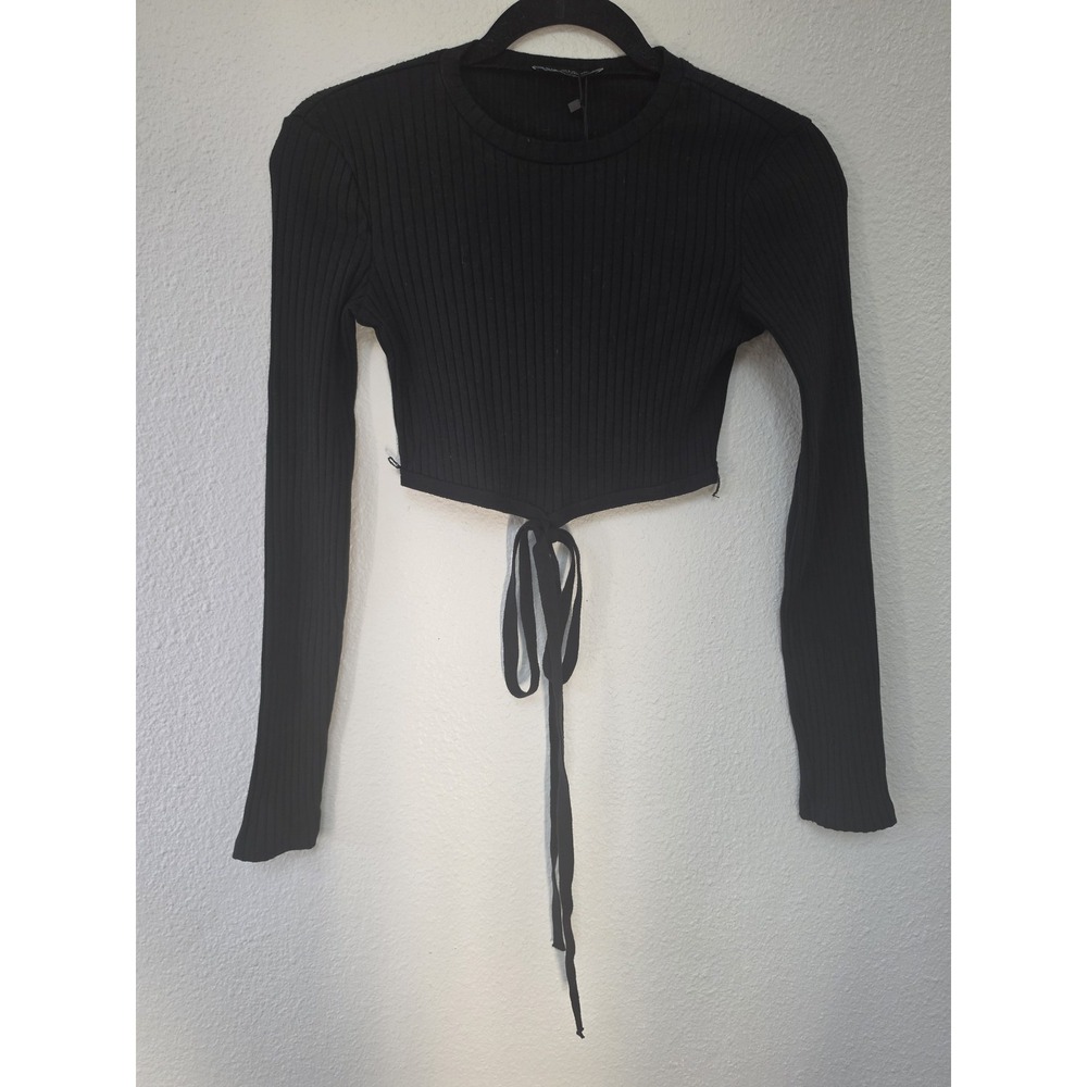 NWT Zara Women's Black Ribbed Long Sleeve Top Size S Cropped Shirt Blouse
